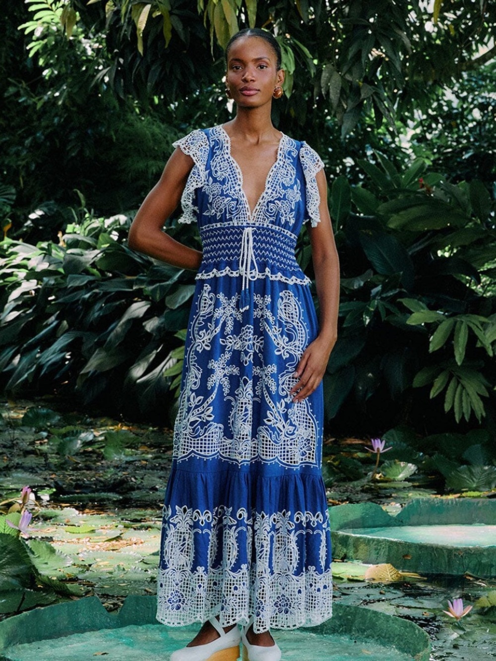 FARM Rio Navy and White Lace-Trim Maxi Dress